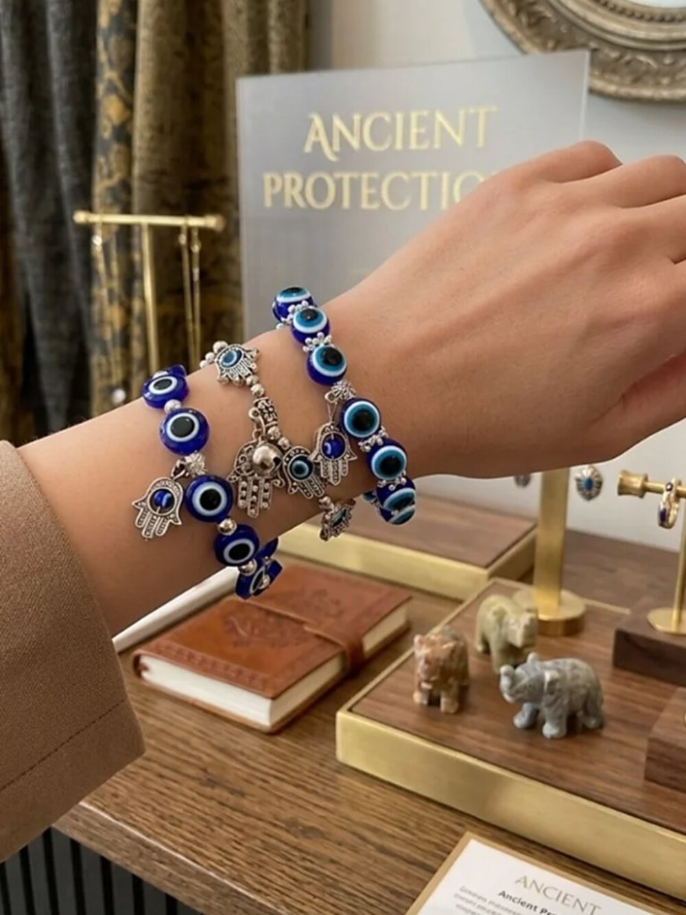 NWT -3pc Boho Evil Eye Beaded Bracelet Set – Silver & Blue with Rhinestones - Picture 3 of 5